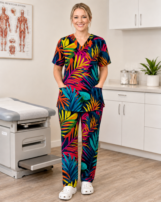 Printed Lifestyle Scrub Top – Bright Jungle (Unisex)