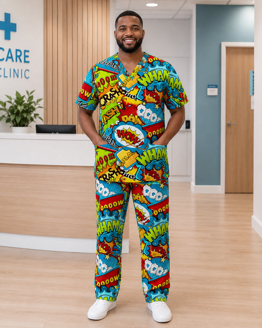 Printed Lifestyle Scrub Set (Top + Pants) – Boom Bang Wham (Unisex)