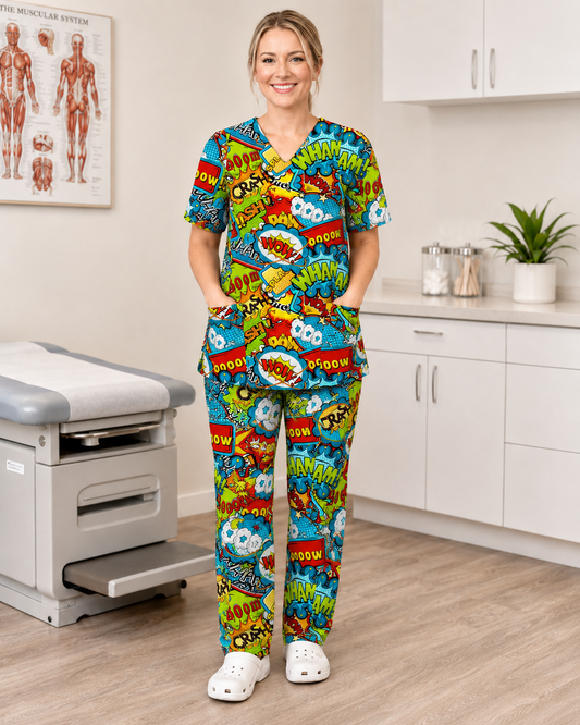 Printed Lifestyle Scrub Set (Top + Pants) – Boom Bang Wham (Unisex)