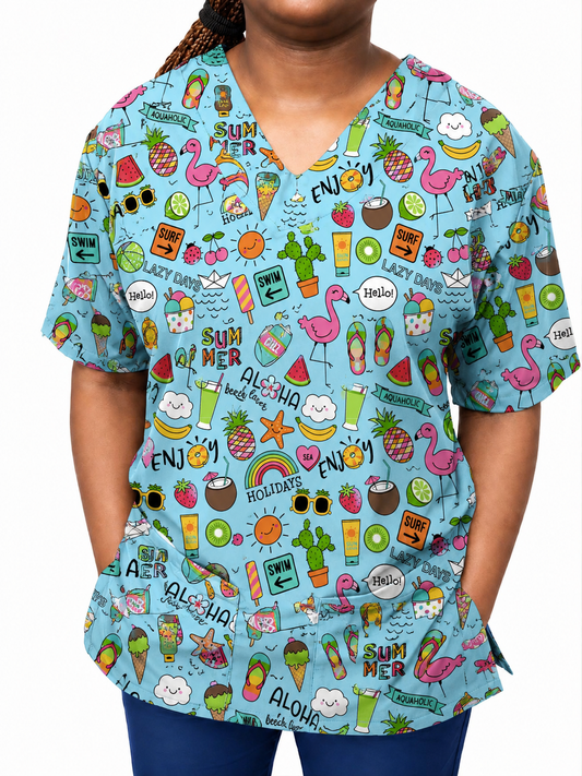 Printed Lifestyle Scrub Top – Aloha Holidays (Unisex)