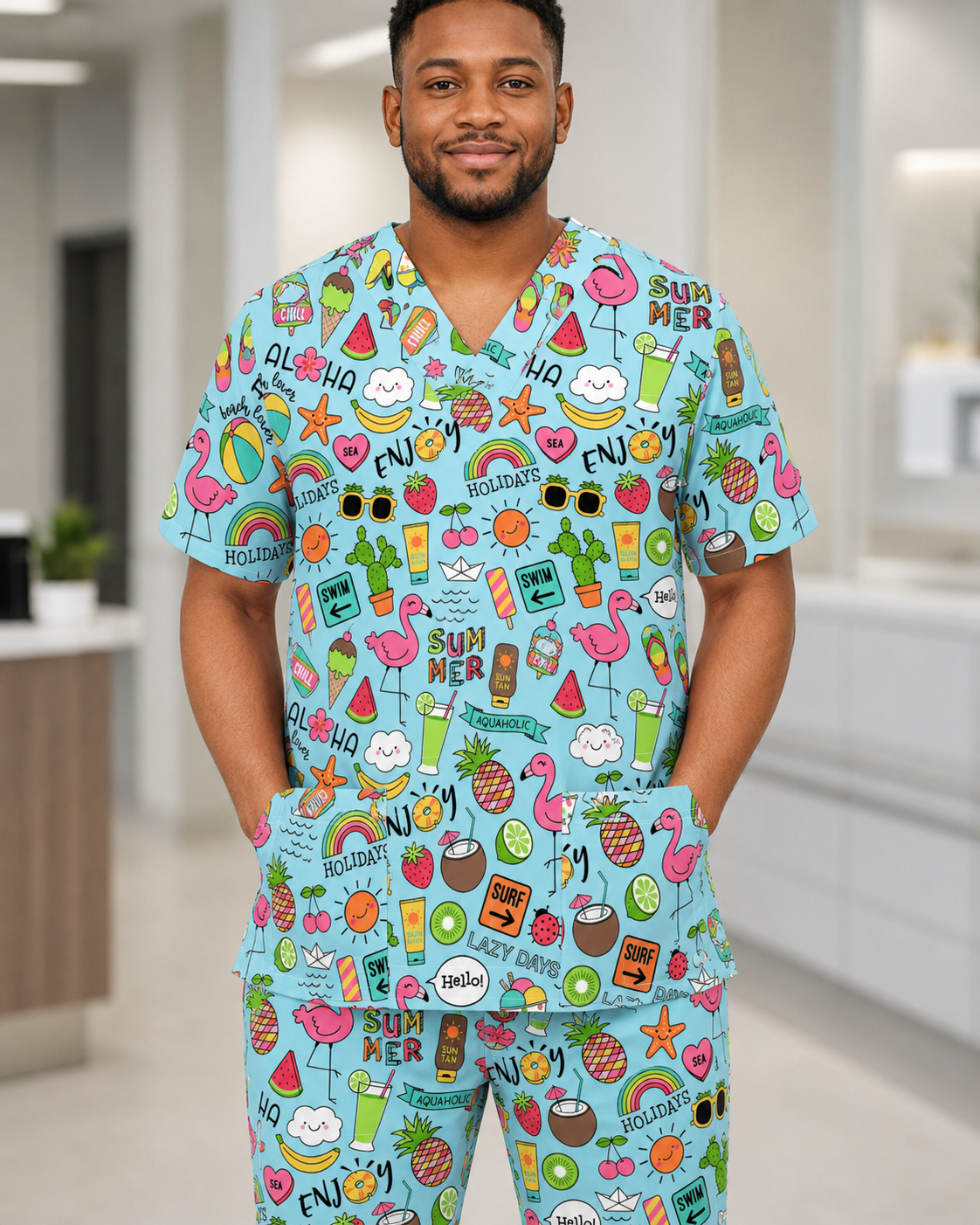 Printed Lifestyle Scrub Set (Top + Pants) – Aloha Holidays (Unisex)