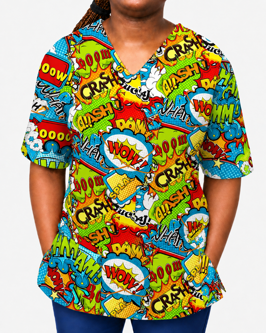 Printed Lifestyle Scrub Top – Boom Bang Wham (Unisex)