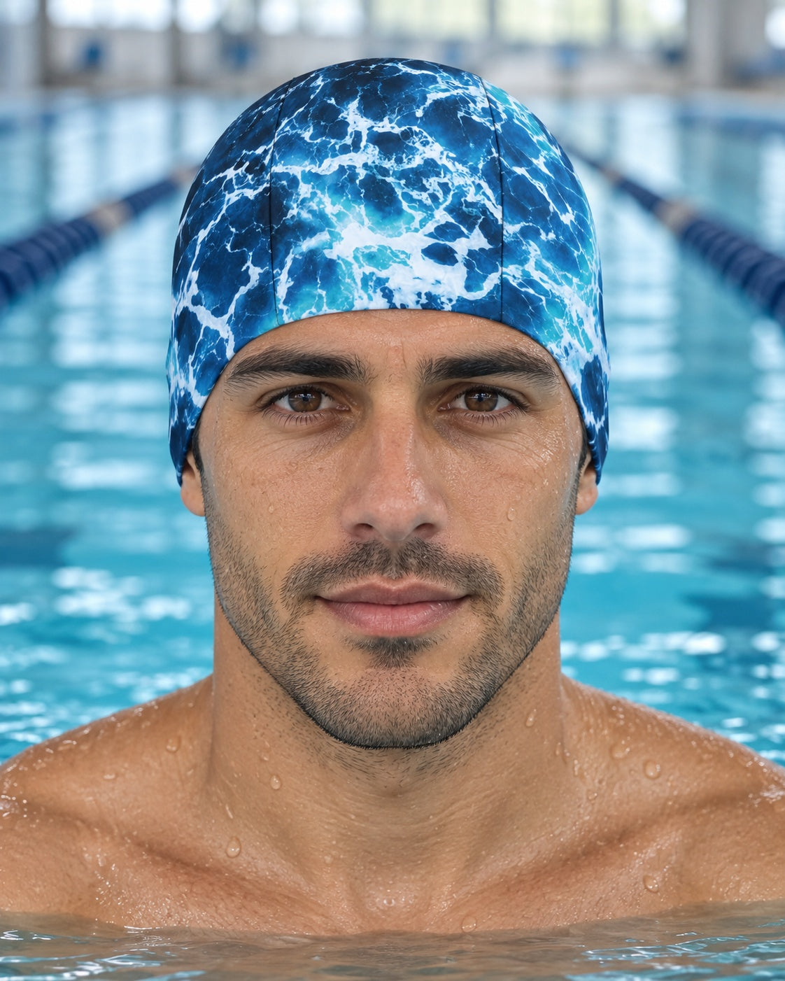 Male swimmer wearing the Alpha & Omega The Lord is my Compass three-panel swim cap