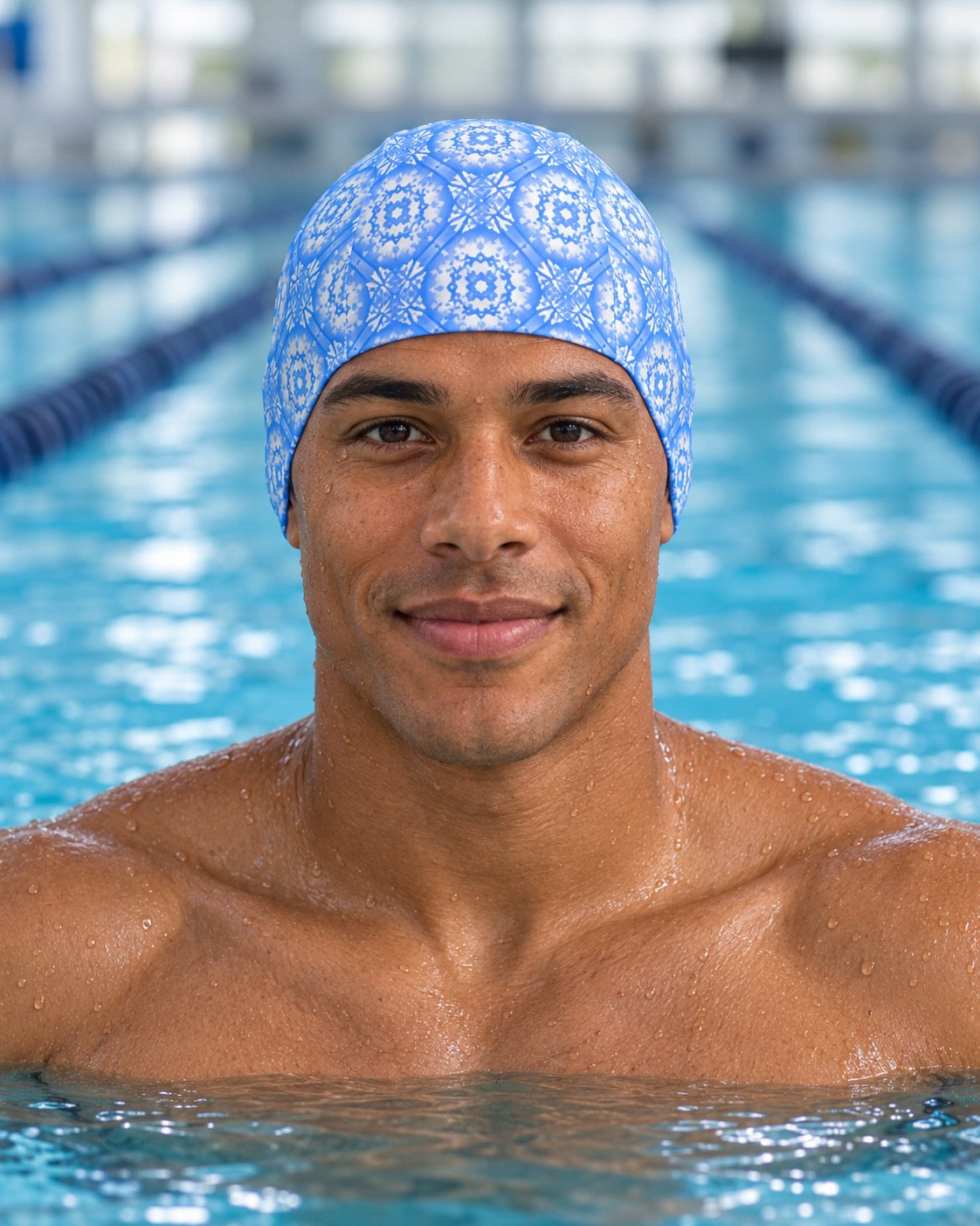 Male swimmer wearing Azure three-panel fabric swim cap