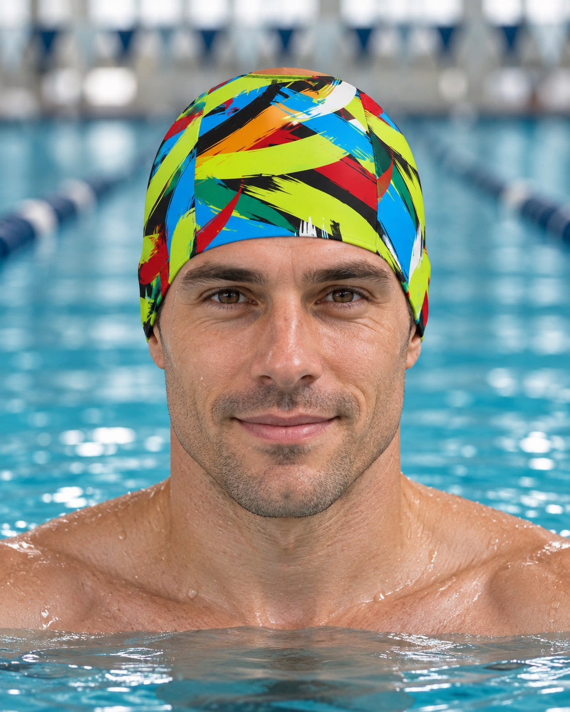 Male swimmer wearing Brushstrokes three-panel fabric swim cap
