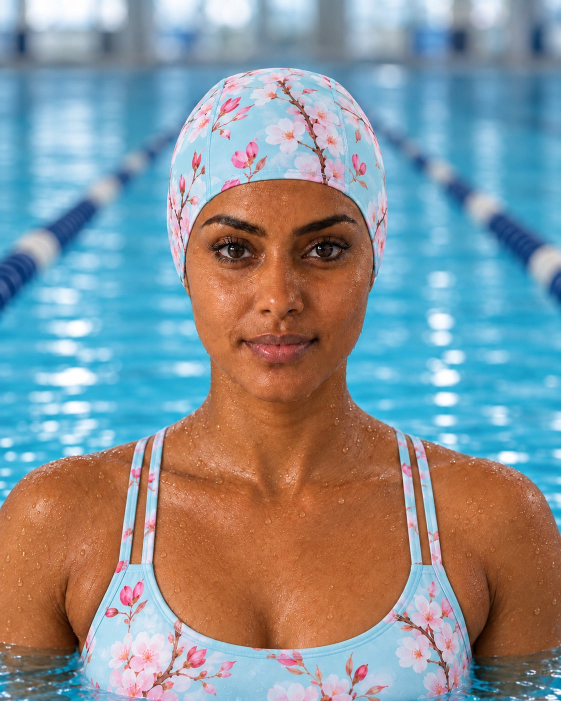 Female swimmer wearing the Cherry Blossom fabric swim cap and matching double-strap swimsuit
