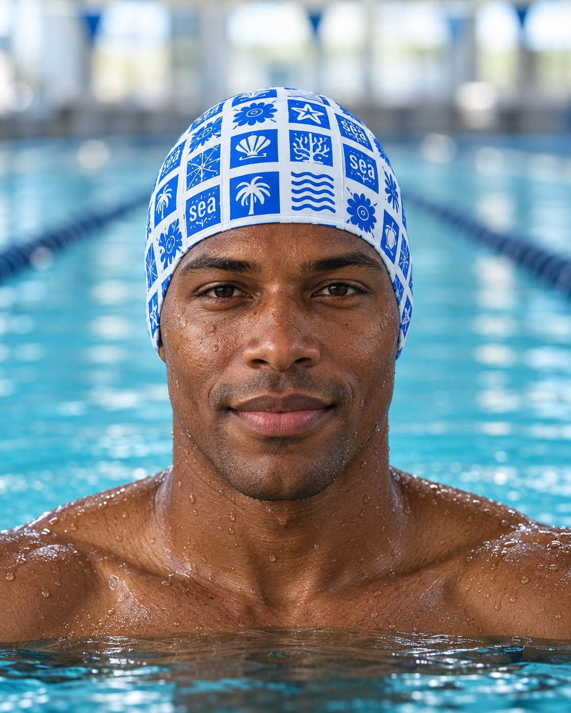 Male swimmer wearing Coastal three-panel fabric swim cap