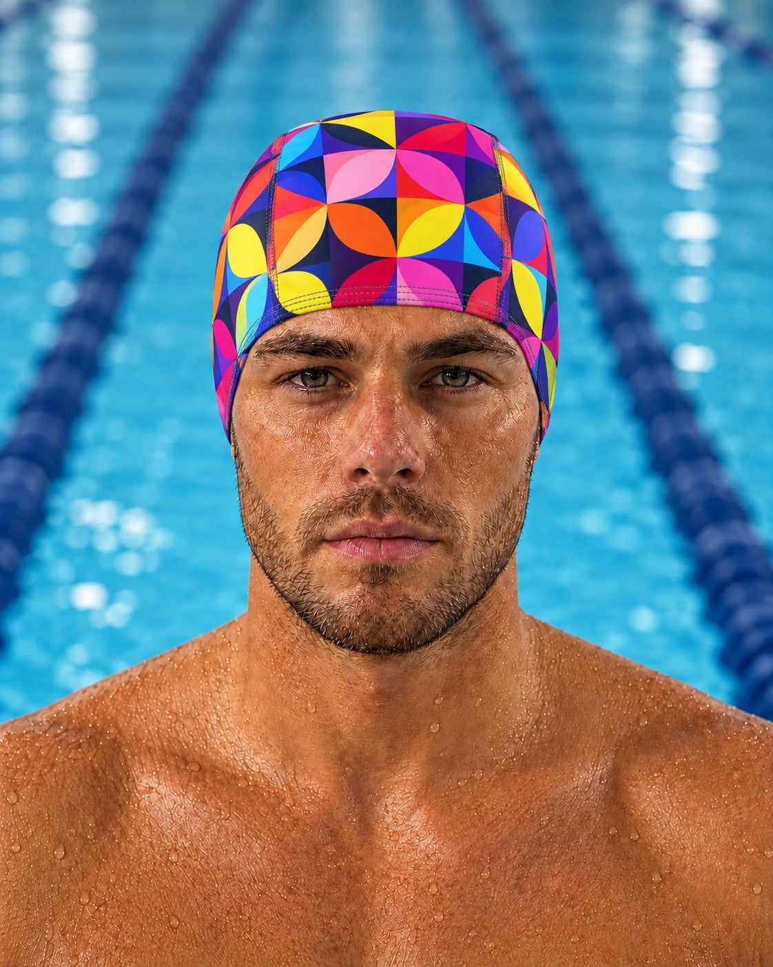 Male swimmer wearing the Geo Petals three-panel fabric swim cap