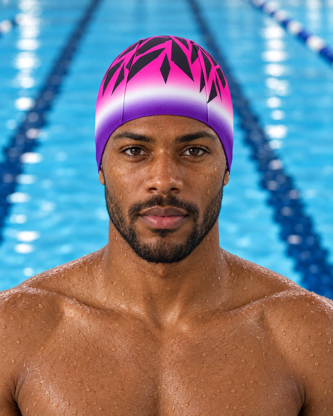 male swimmer wearing Shards three-panel fabric swim cap