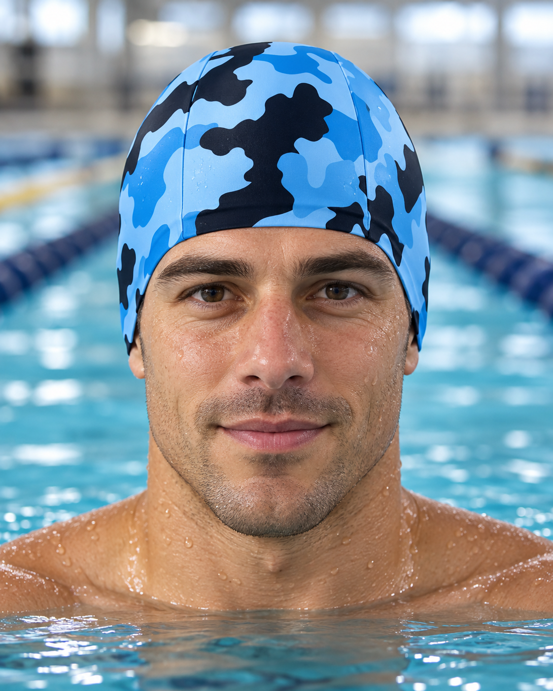 Alpha & Omega Warrior Blue Camo fabric swim cap