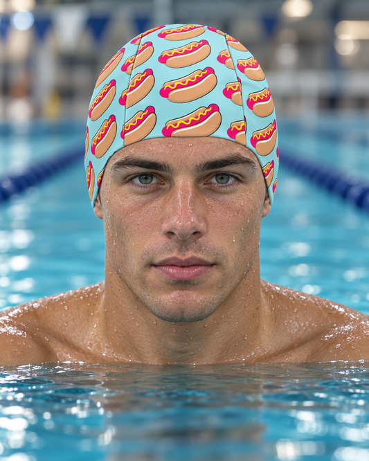 Martin West Hot Dog sublimated swim cap