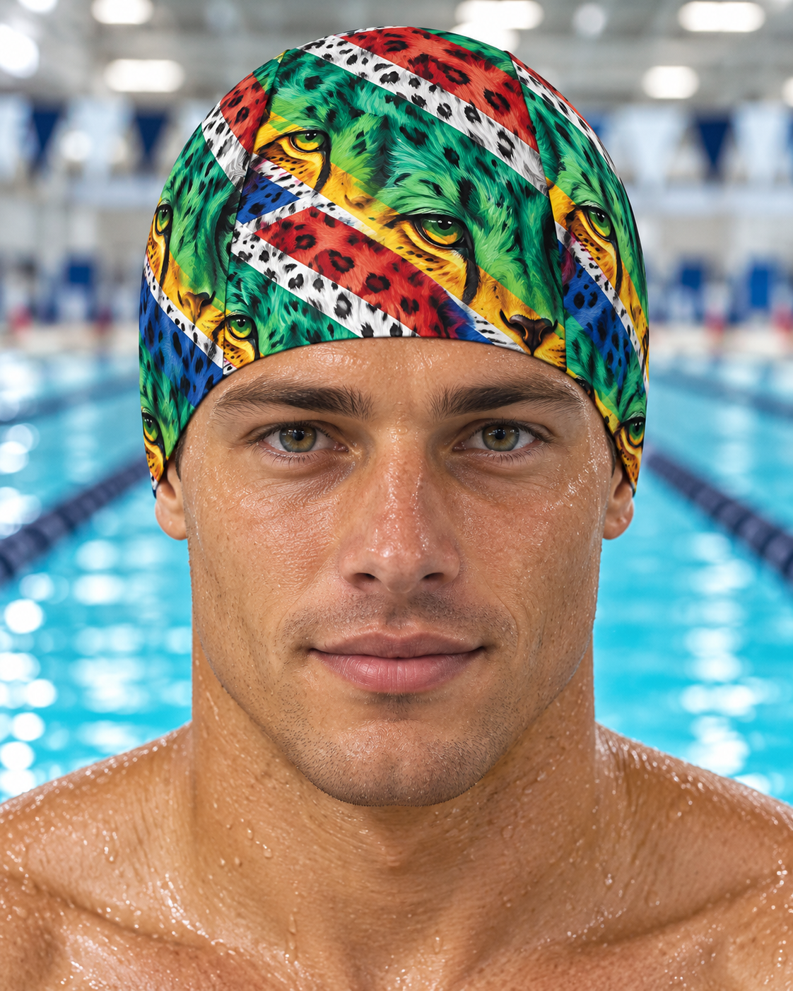 South African Flag Cheetah fabric swim cap