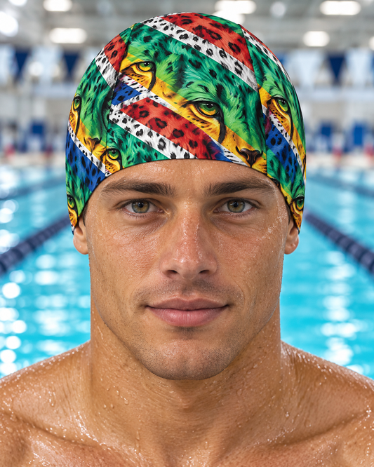 South African Flag Cheetah fabric swim cap