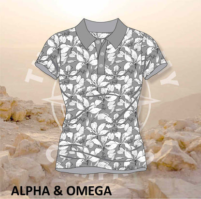 Alpha and Omega Faith Over Fear Grey Floral Ladies Golf Shirt