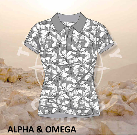 Alpha and Omega Faith Over Fear Grey Floral Ladies Golf Shirt