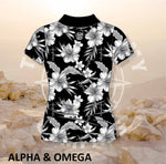 Alpha and Omega Child of God Grey Hibiscus Ladies Golf Shirt