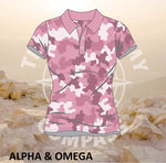 Alpha and Omega Be Strong Pink Camo Ladies Golf Shirt