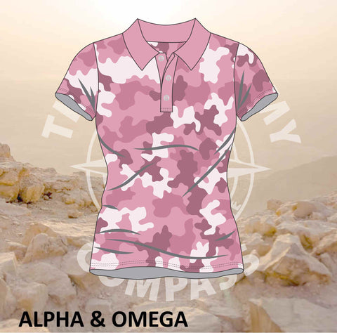 Alpha and Omega Be Strong Pink Camo Ladies Golf Shirt