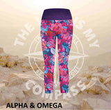 Alpha And Omega Purple Floral  Athleisure Three Quarter Tights