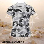 Alpha and Omega Strength Grey Camo Ladies Golf Shirt