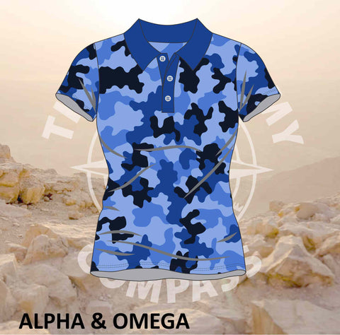 Alpha and Omega Warrior Blue Camo Ladies Golf Shirt